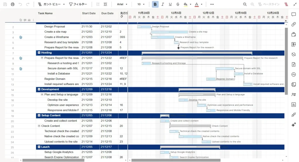 ガントビューではタスクがタイムライン上のバーとして表示され、進捗を視覚的に確認できます。