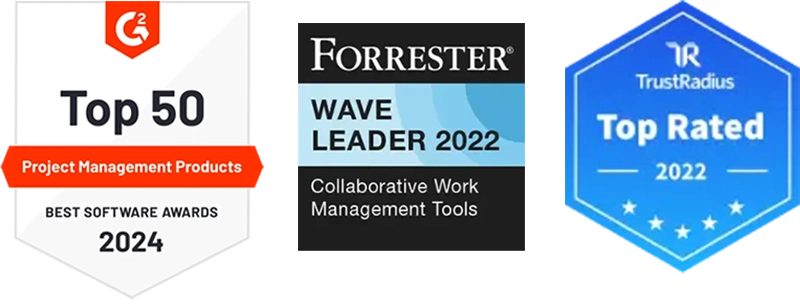 G2_BEST SOFTWARE AWARDS 2024_Project Management Products_Top 50、Forrester Wave_Collaborative Work Management Tools、TrustRadius_Top Rated Awards