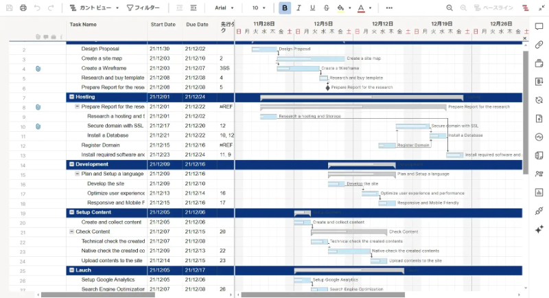 ガントビューではタスクがタイムライン上のバーとして表示され、進捗を視覚的に確認できます。